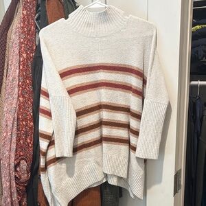 LOFT Striped Turtleneck Poncho - Cream and Brown